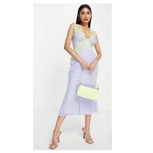 New Lace Trim Bias Cut Chiffon Midi Slip Dress